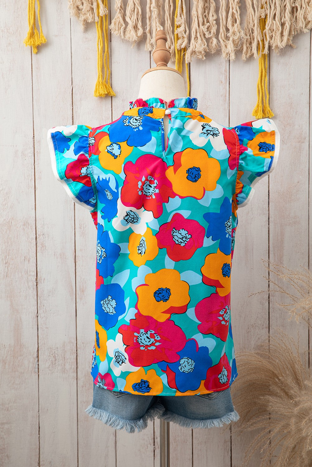 Abstract Poppy Ruffle Neck & Sleeve Top