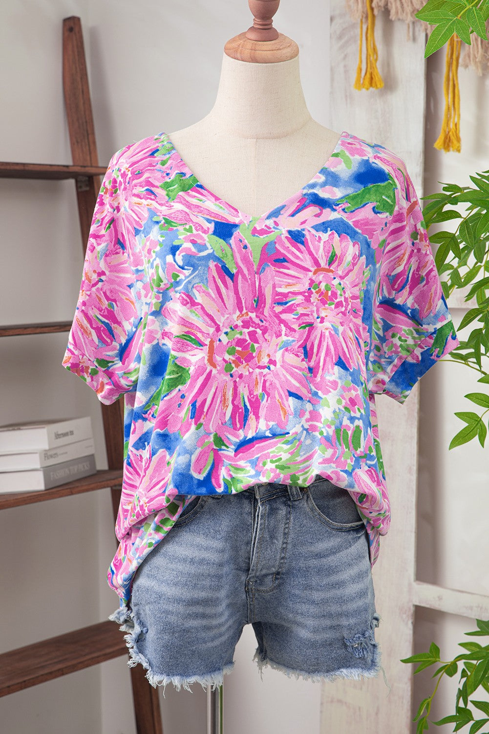 Pink Floral Short Sleeve Loose Fit Shirt