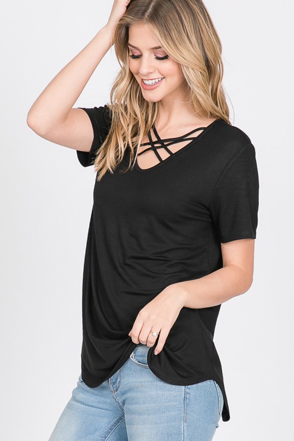 Crisscross Short Sleeve V Neck Shirt
