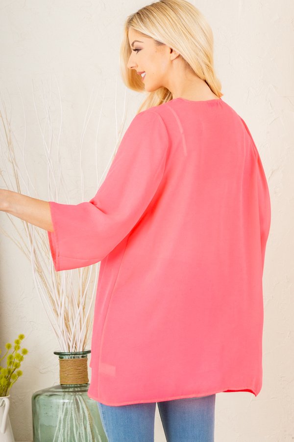 3/4 Sleeve Solid Cardigan NEON CORAL