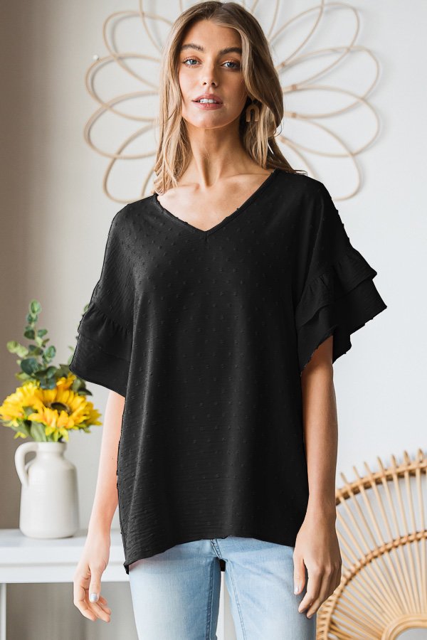 DOUBLE RUFFLED V NECK SOLID SWISS DOT TOP