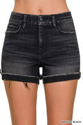 Black Washed Cuffed Raw Hem Denim Shorts