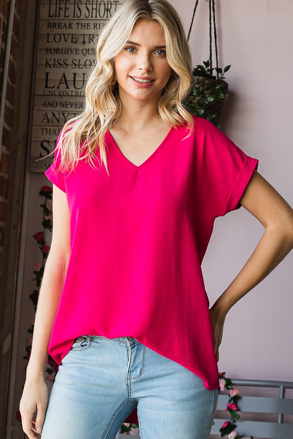 SHORT SLEEVE V NECK SOLID WOVEN TOP