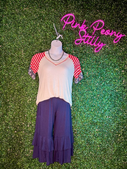 White V Neck T with Stripes and Star Ruffle Sleeve