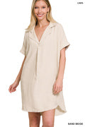 Linen Shirt Dress with Frayed Hem