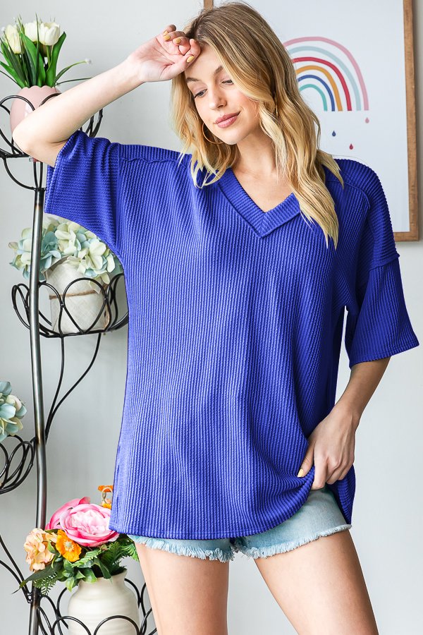 Urban Ribbed Dolman Short Sleeve V Neck Royal Blue