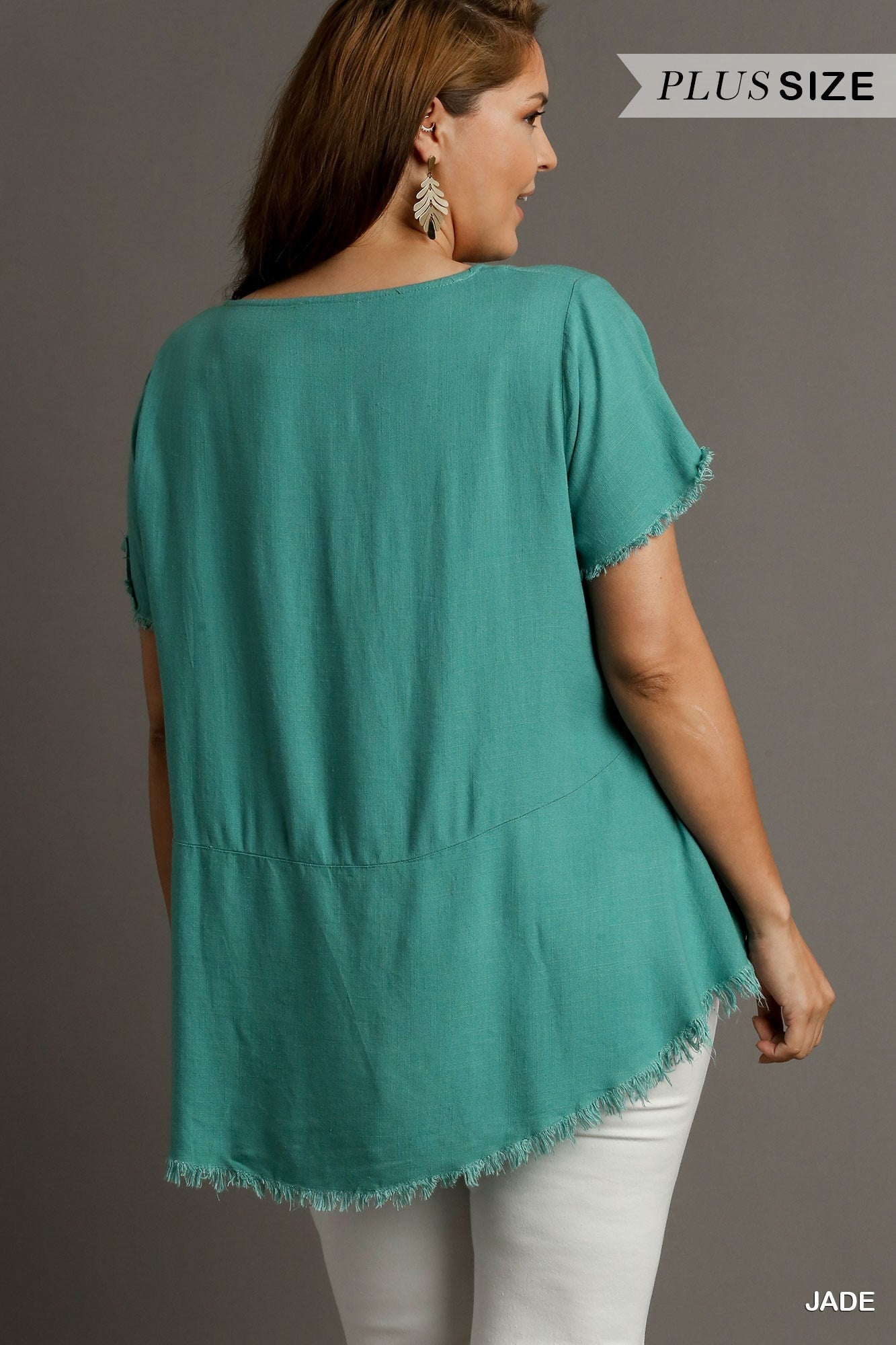 UMGEE Round Neck Frayed Hem Linen Blend Top
