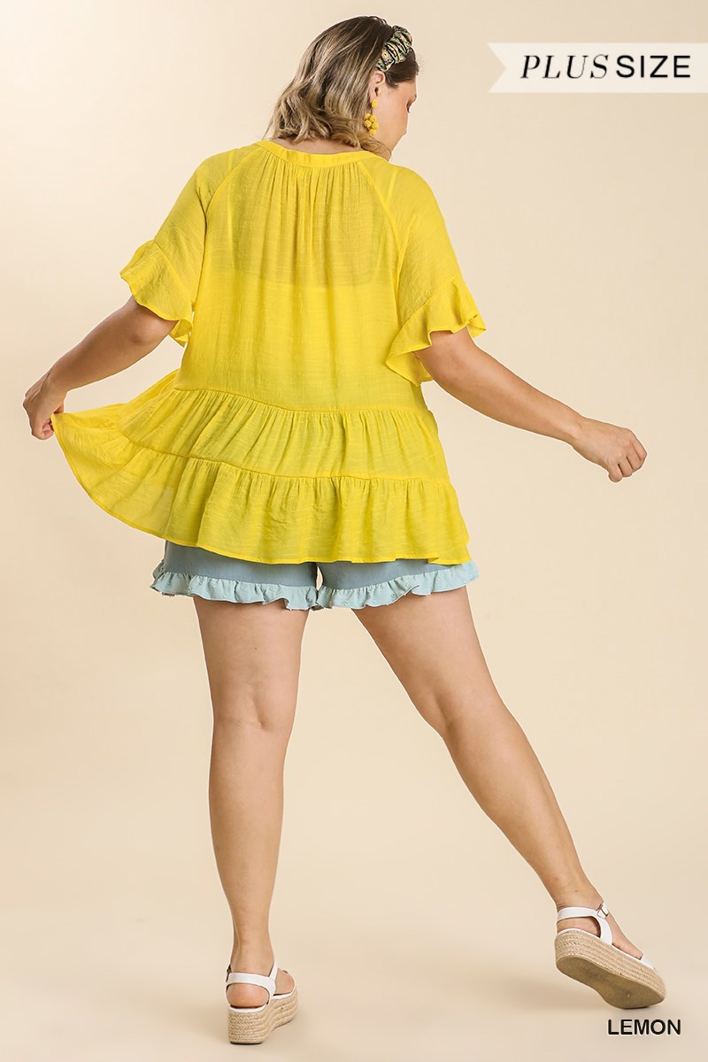 UMGEE Mandarin Collar Bell Ruffle Sleeve Top