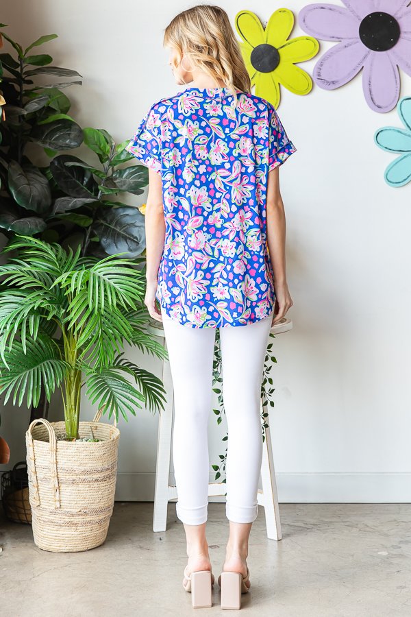 Blue Floral V Neck Short Sleeve