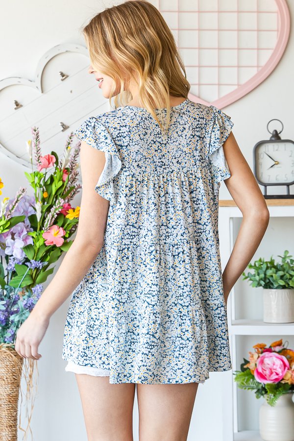 SHORT SLEEVE TANK ROUND NECK DITSY FLORAL PRINT TIERED TOP -Chambray