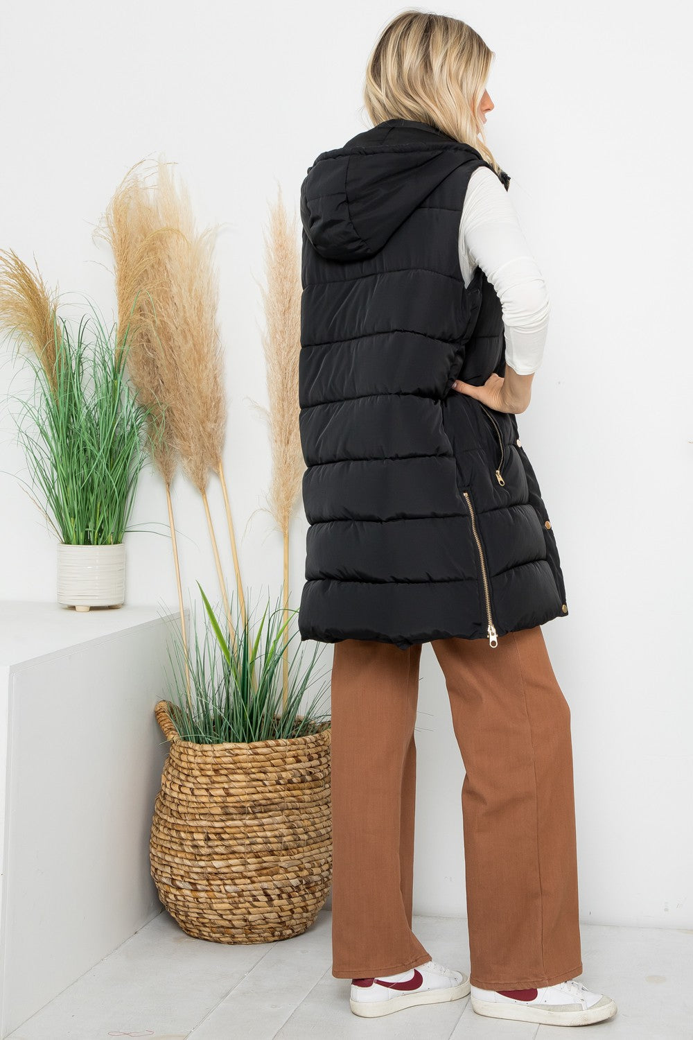 Stuffed Silky Puffer Vest Snap & Zip with Hood - Light Taupe