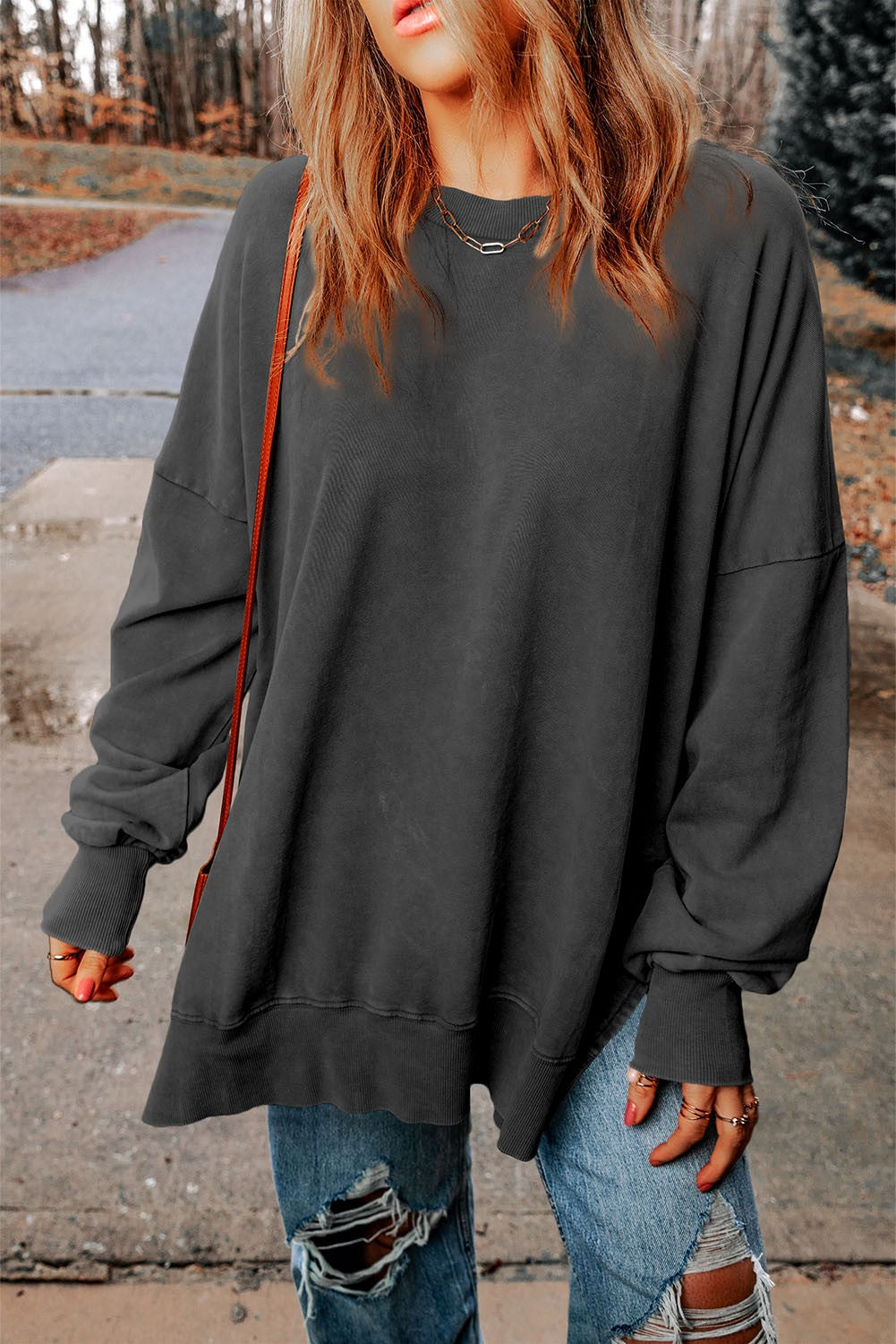 Ribbed Corded Oversized Pullover - Black Charcoal