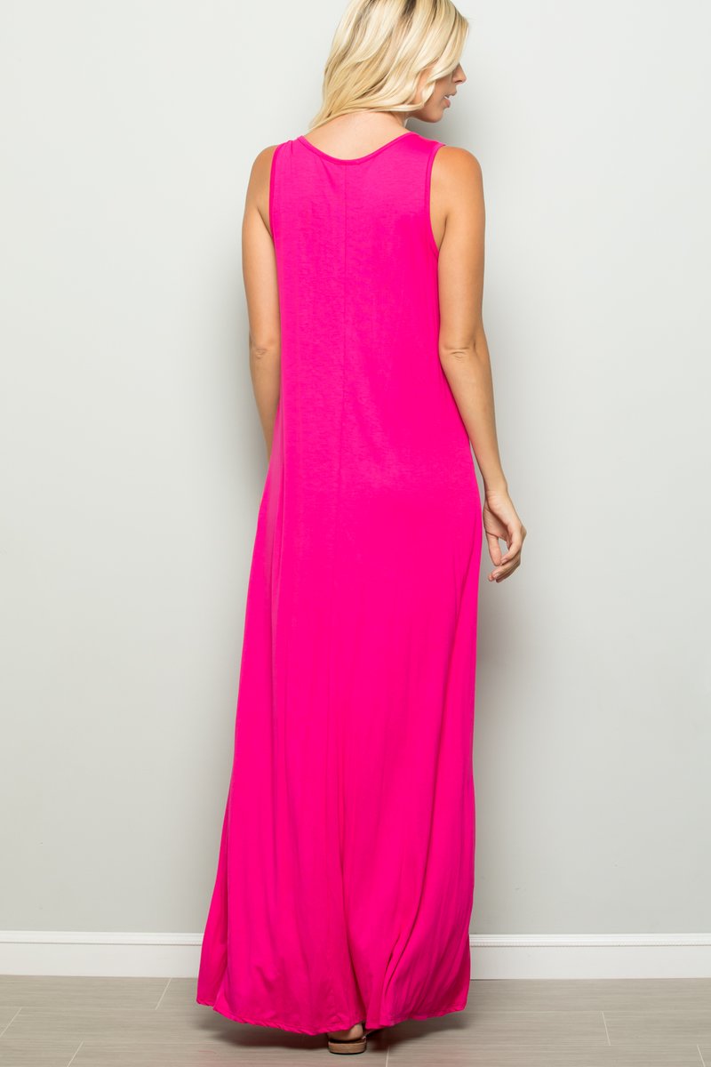 SOLID HI LOW MAXI DRESS WITH RUFFLED HEM - Fuchsia