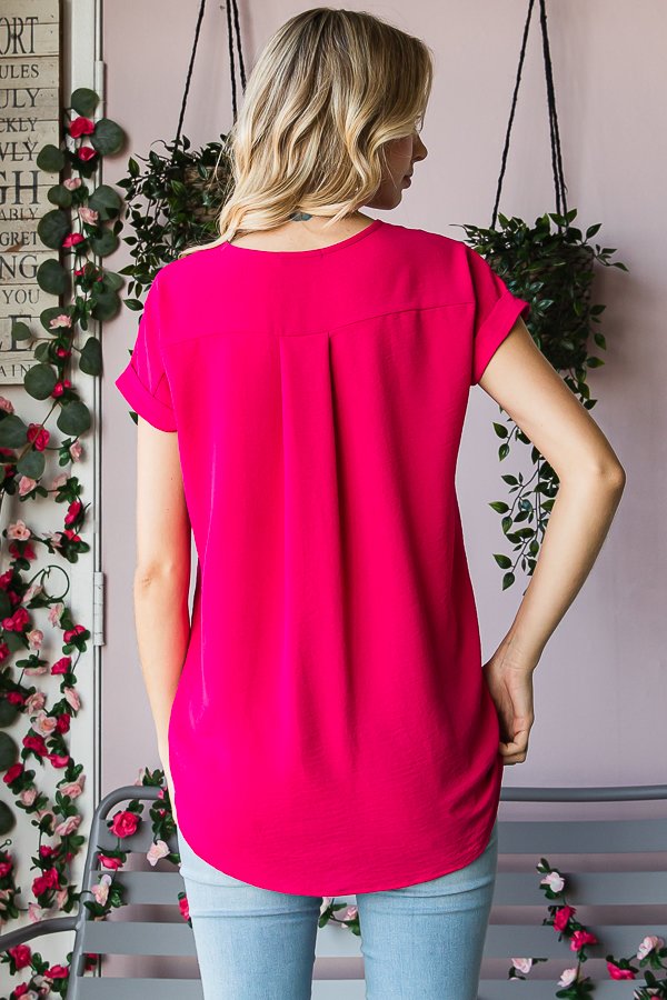 SHORT SLEEVE V NECK SOLID WOVEN TOP