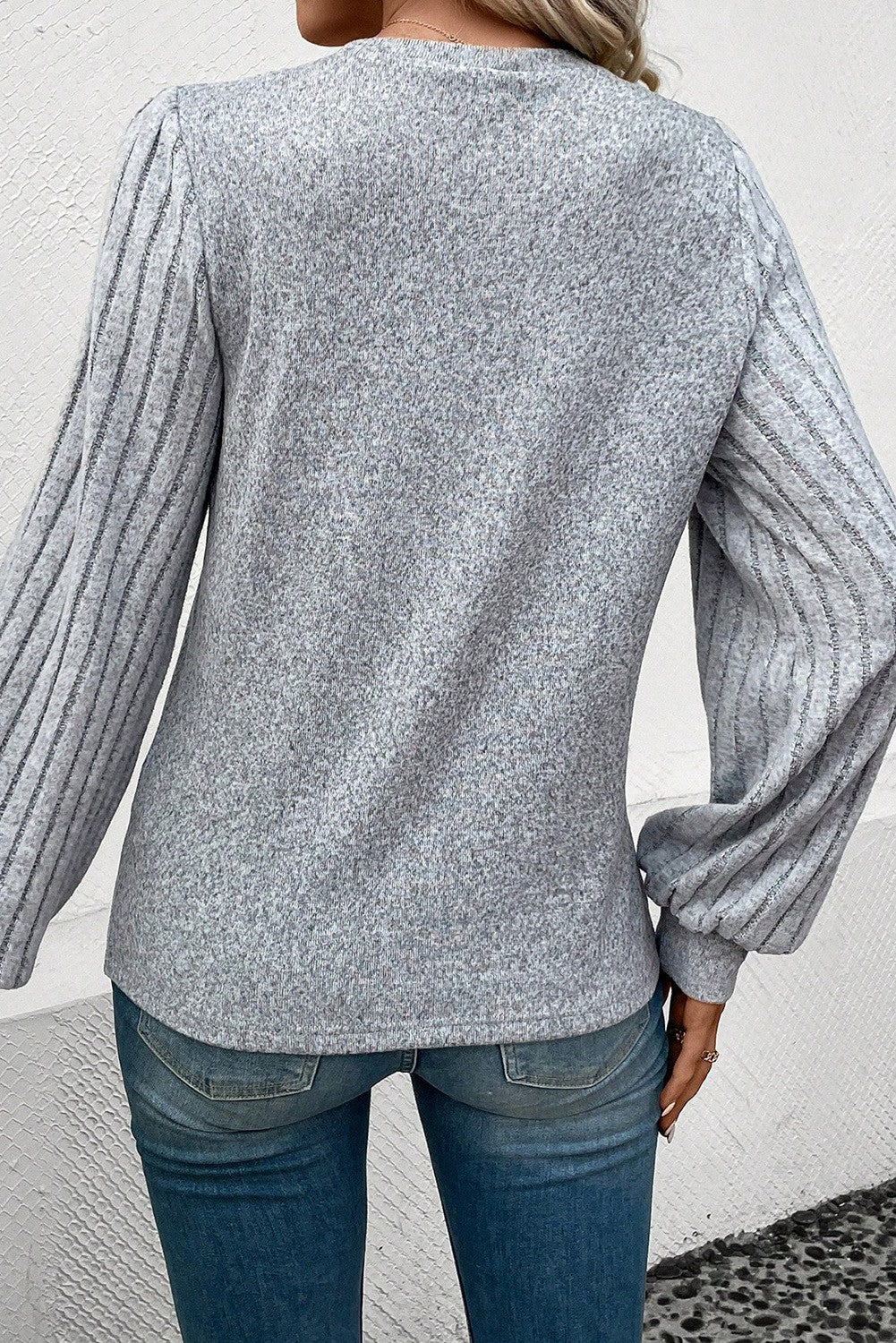 Ribbed Stripe Contrast Bishop Sleeve Top - Gray