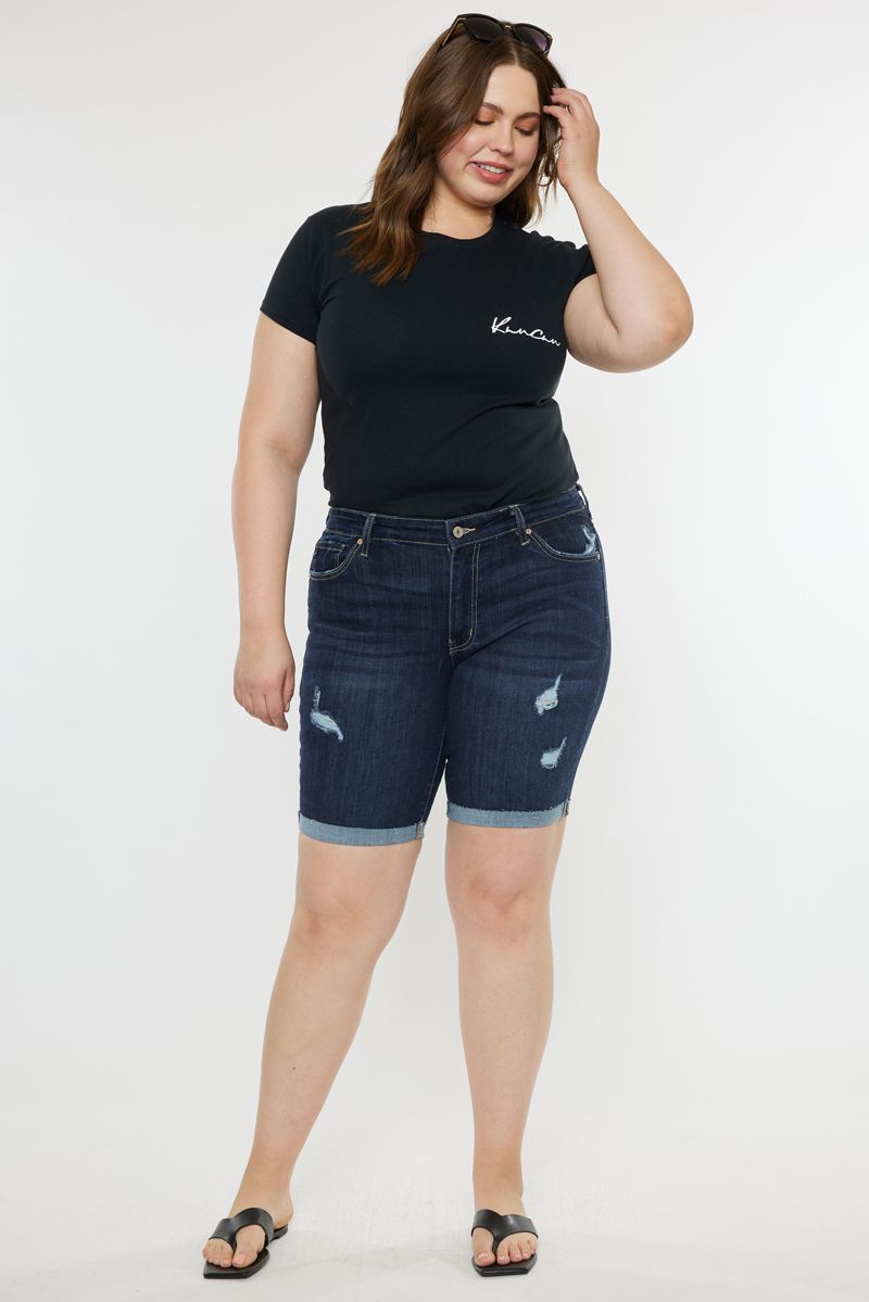 High Rise Dark Wash Fold Hem Shorts - Kancan
