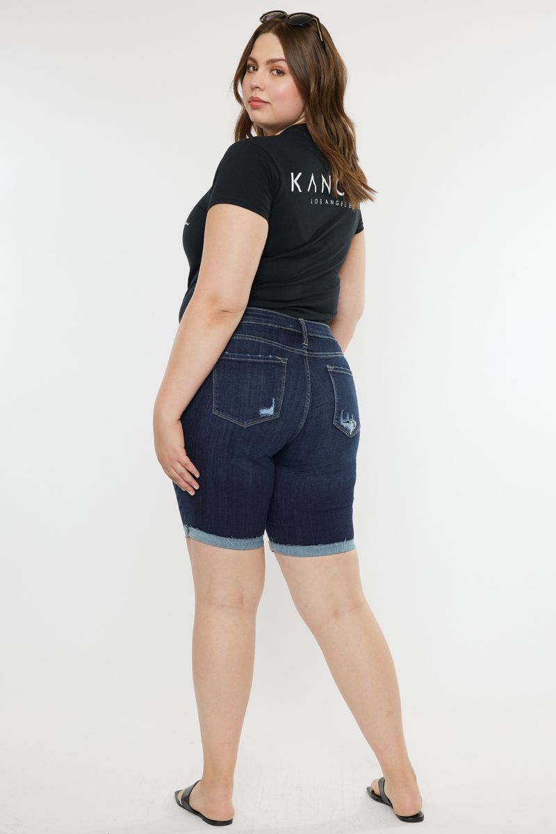 High Rise Dark Wash Fold Hem Shorts - Kancan