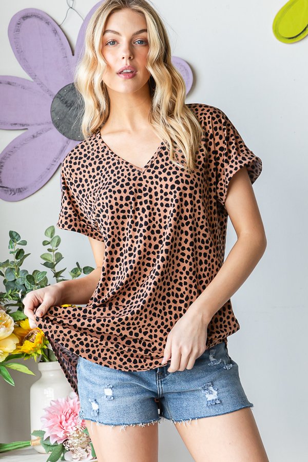 Cheetah Print Short Sleeve V Neck Top