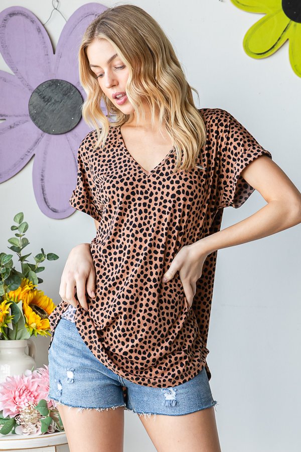Cheetah Print Short Sleeve V Neck Top
