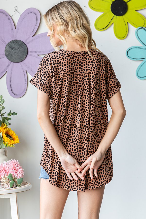 Cheetah Print Short Sleeve V Neck Top