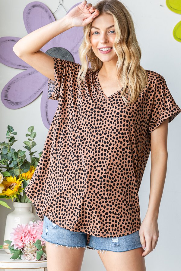Cheetah Print Short Sleeve V Neck Top