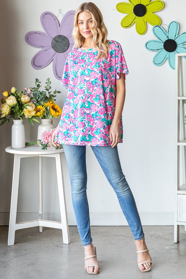 Turquoise and Pink Floral Round Neck Top