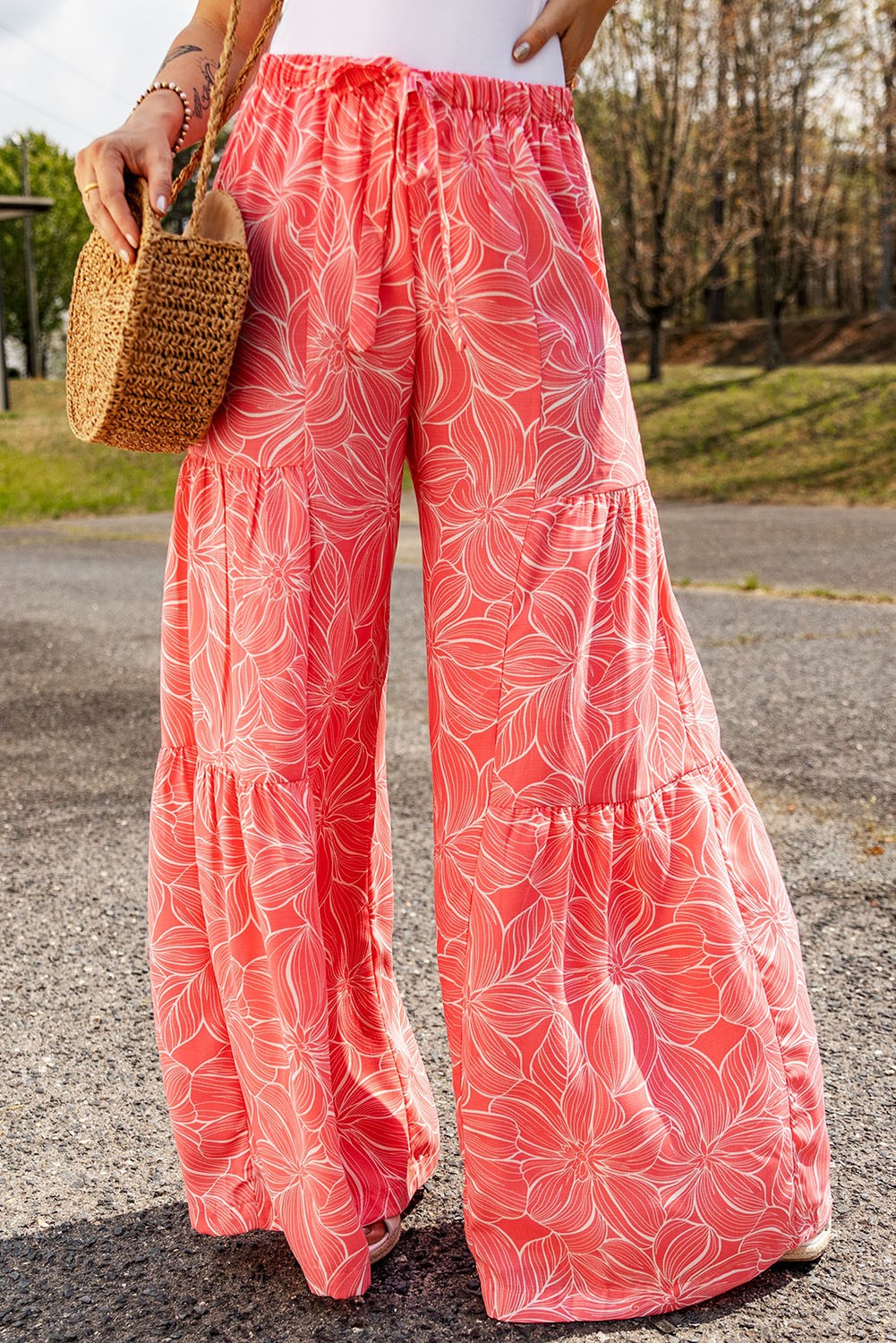 Coral Bohemian Floral Print Wide Leg Pants