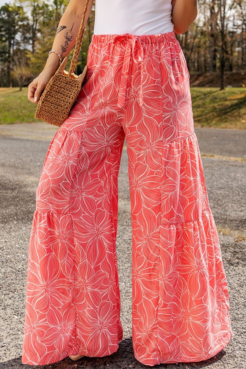 Coral Bohemian Floral Print Wide Leg Pants