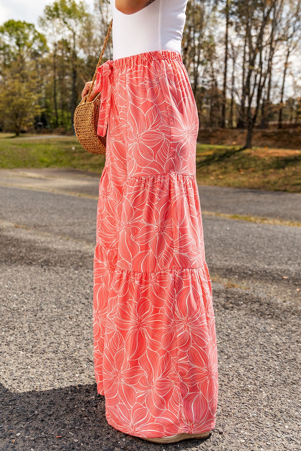 Coral Bohemian Floral Print Wide Leg Pants