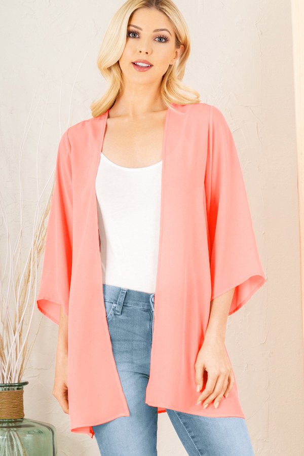 3/4 Sleeve Solid Cardigan NEON CORAL