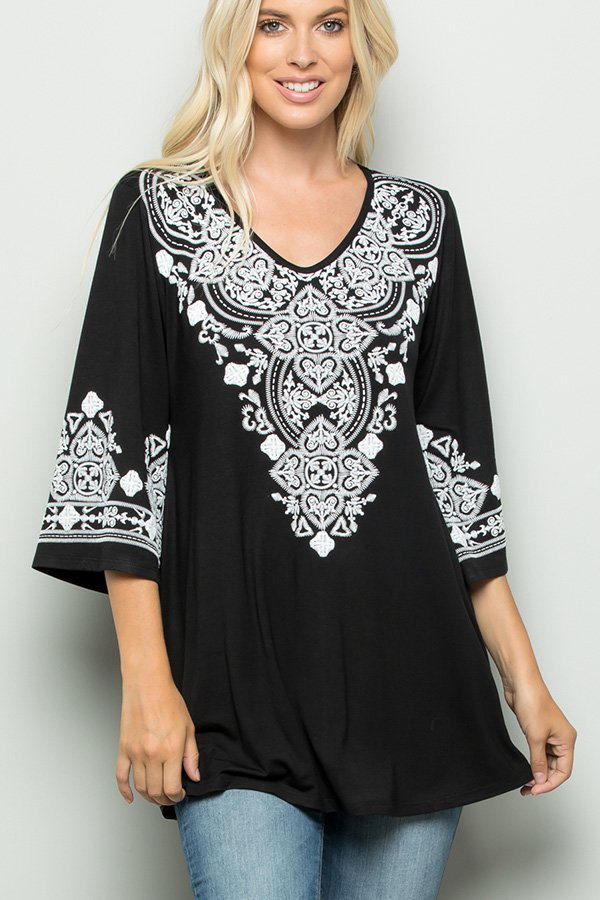 Black 3/4 Sleeve Damask Print