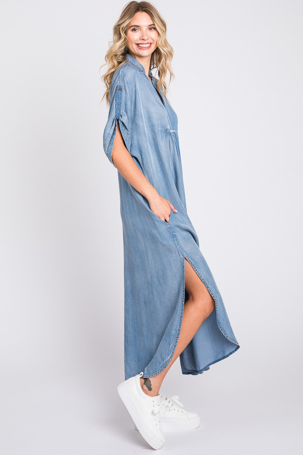 Short Sleeve Denim Maxi Dress