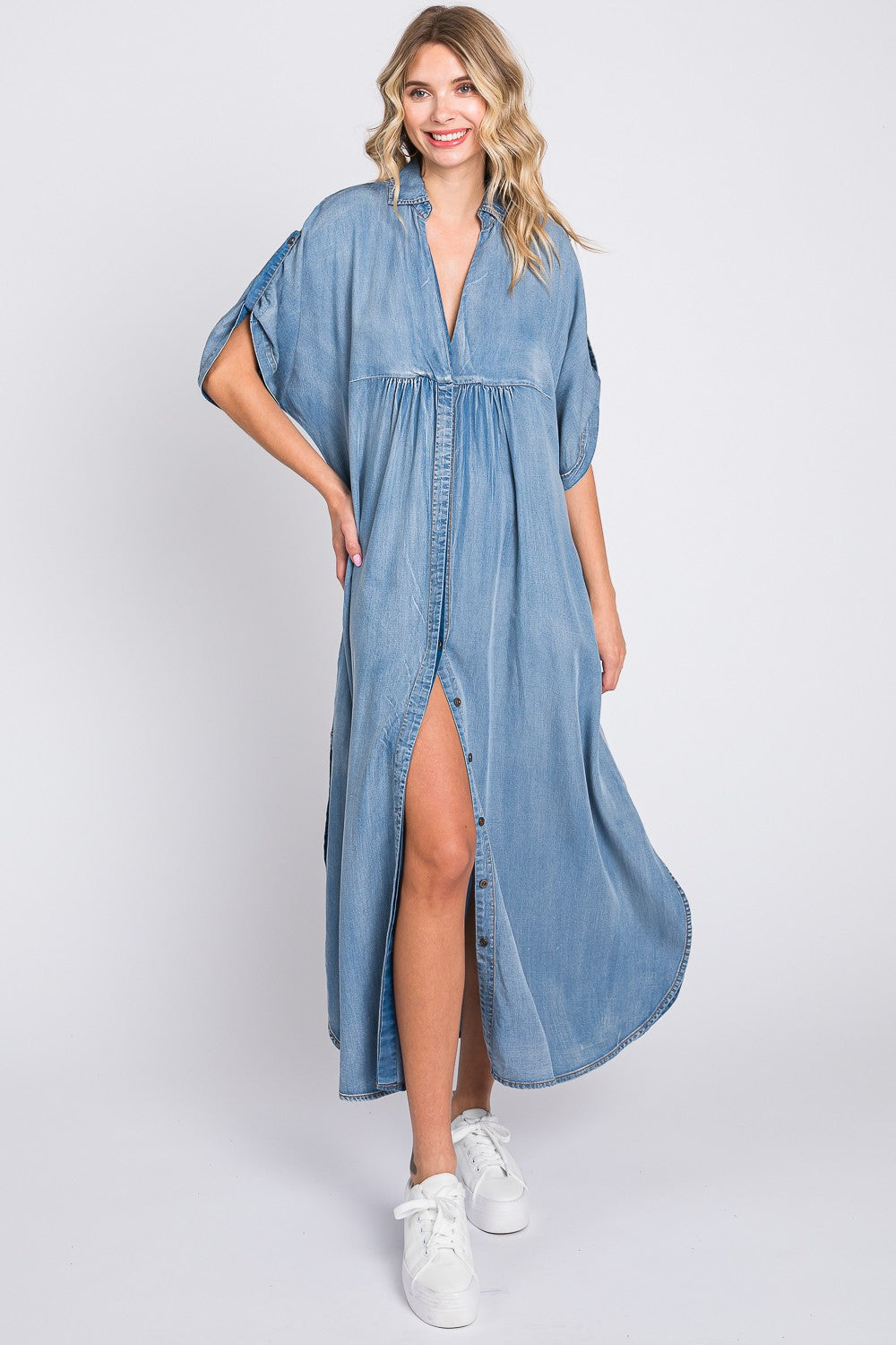 Short Sleeve Denim Maxi Dress