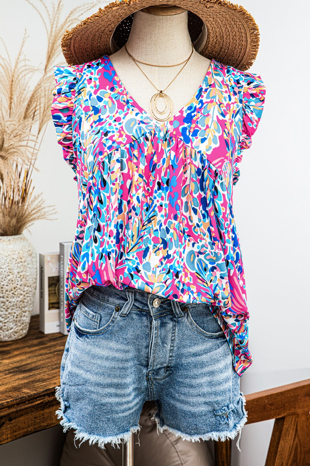 Blue & Pink Floral V Neck Tank Top