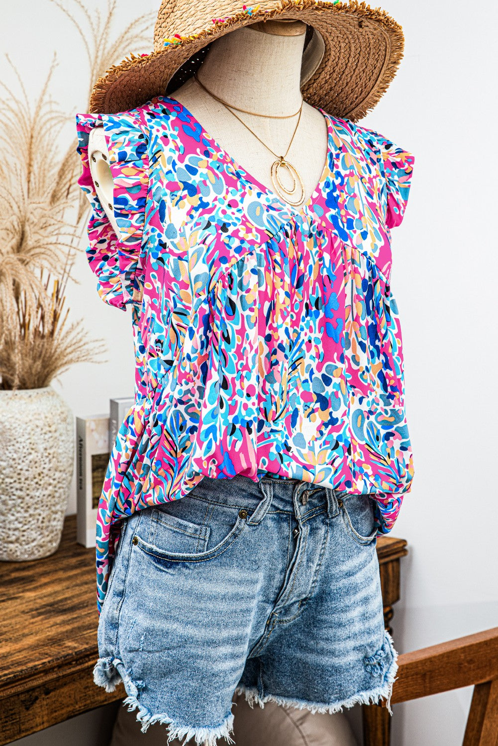 Blue & Pink Floral V Neck Tank Top