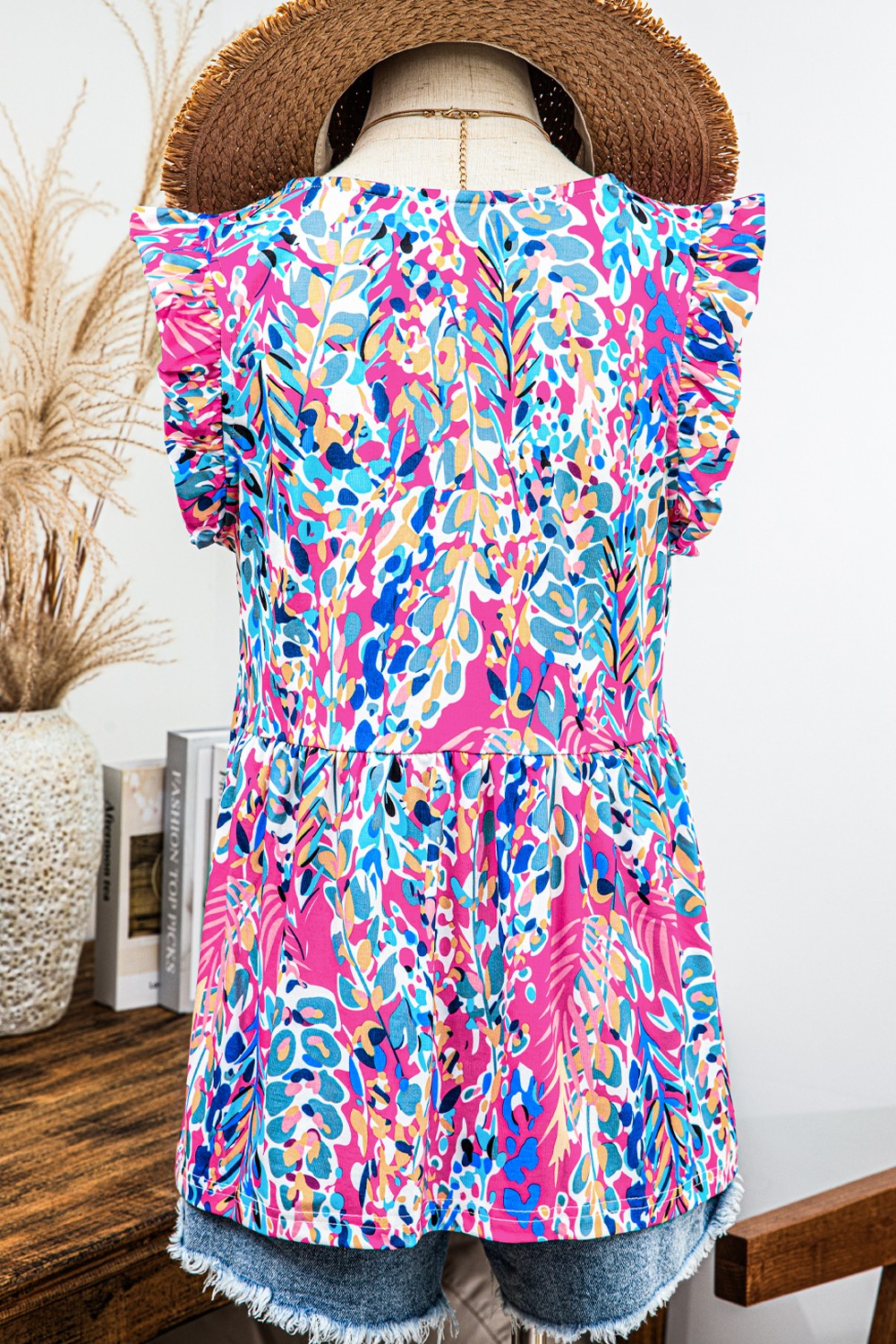 Blue & Pink Floral V Neck Tank Top
