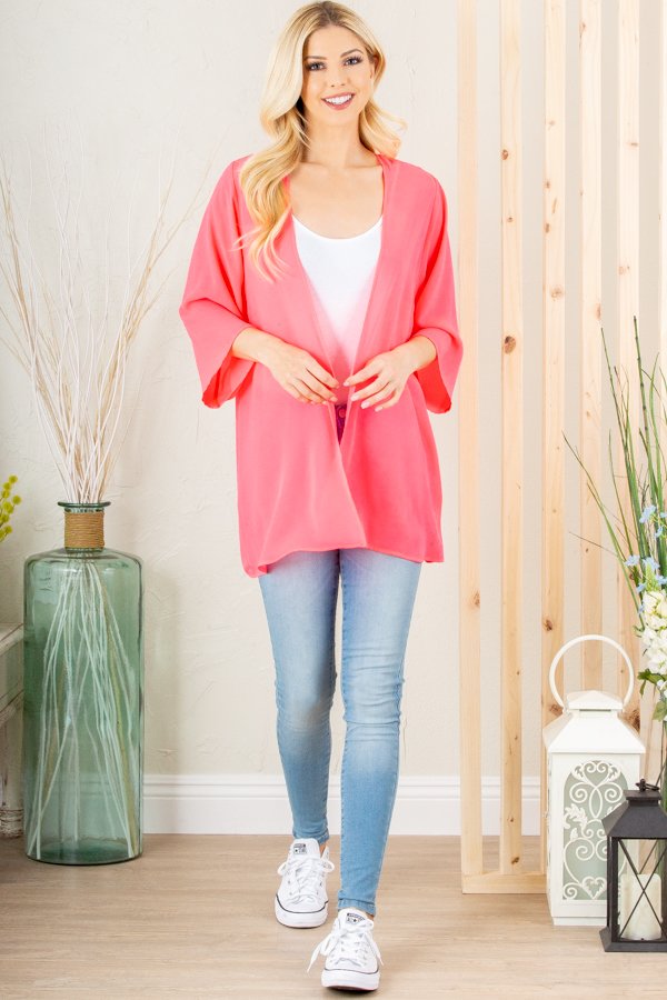 3/4 Sleeve Solid Cardigan NEON CORAL