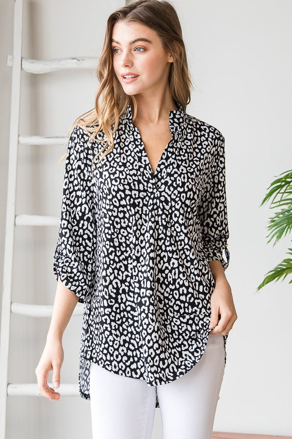 Leopard Print 3/4 Sleeve V Neck Blouse