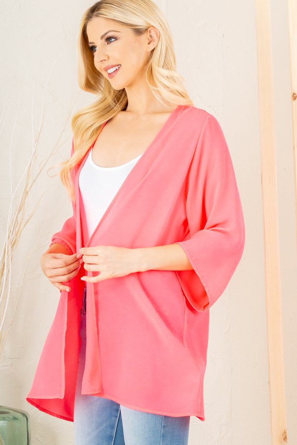 3/4 Sleeve Solid Cardigan NEON CORAL