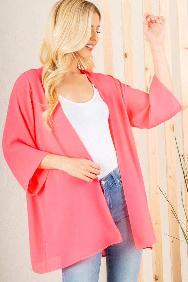 3/4 Sleeve Solid Cardigan NEON CORAL