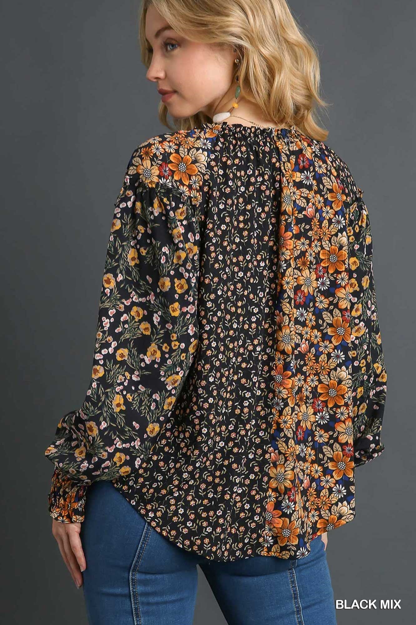 Mixed Flower Print Top with Cuff Sleeve - UMGEE