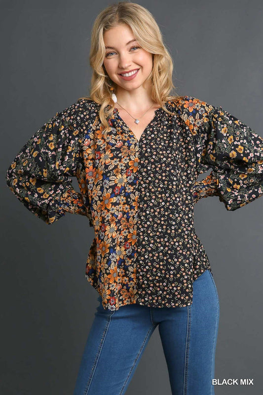 Mixed Flower Print Top with Cuff Sleeve - UMGEE