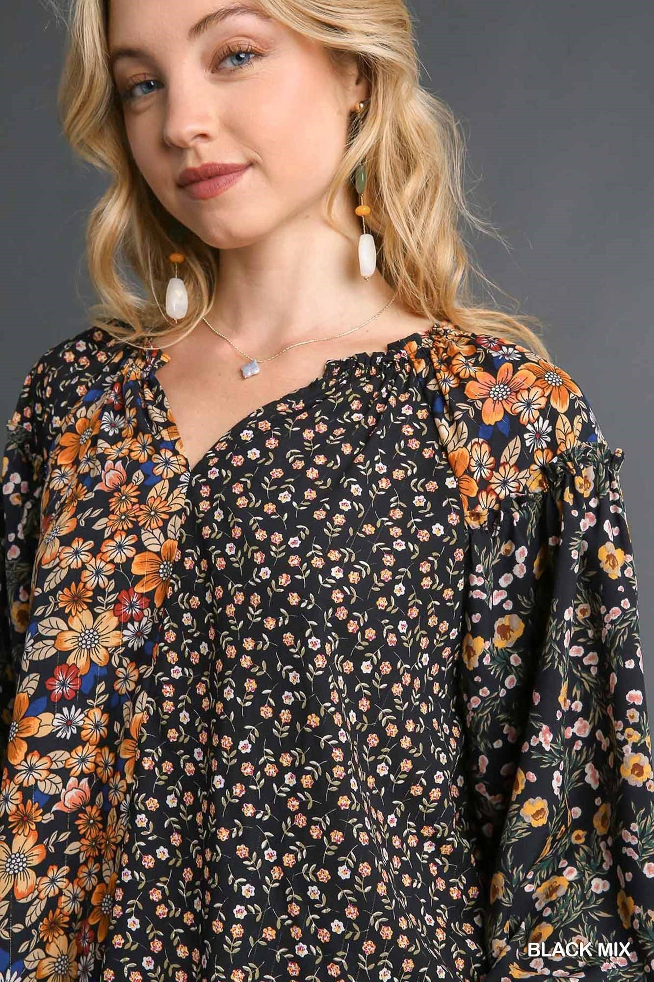 Mixed Flower Print Top with Cuff Sleeve - UMGEE