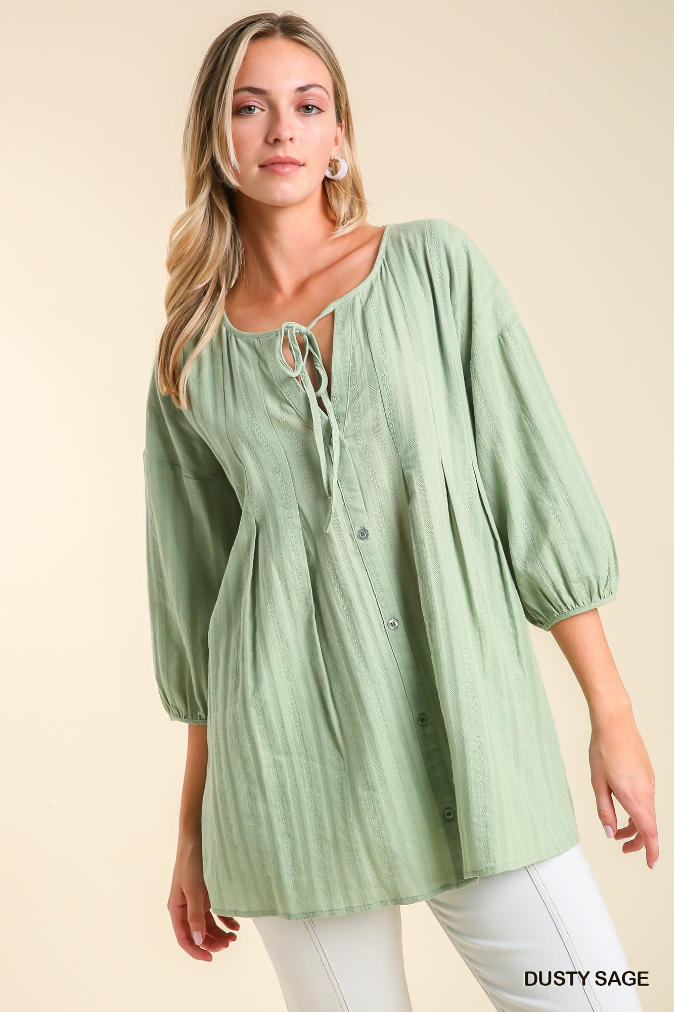 UMGEE 3/4 Sleeve Button Down Pleated Tunic