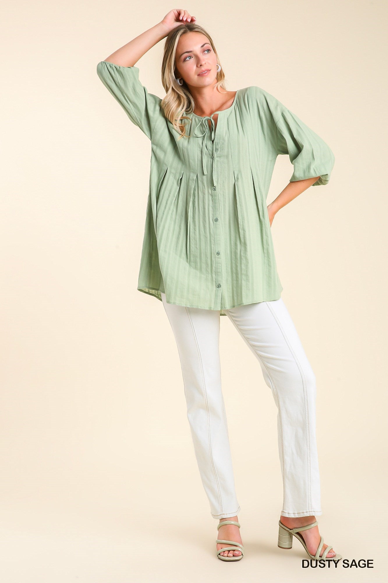 UMGEE 3/4 Sleeve Button Down Pleated Tunic