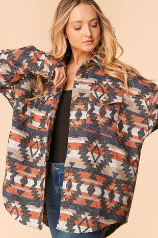 Flannel Aztec Sleeve Oversized Shirt Shacket With Pockets