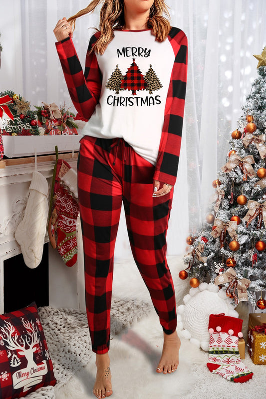 Christmas Tree Red Buffalo Plaid Two Piece Lounge Set