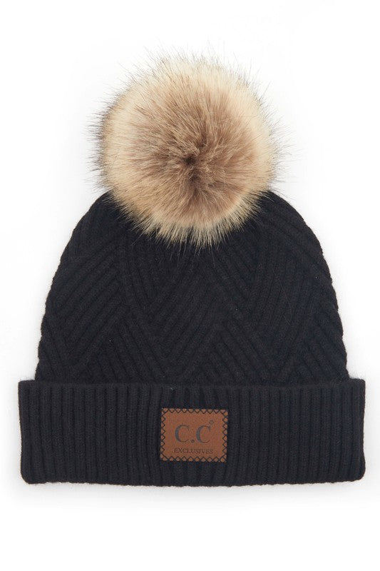 CC Criss Cross Suede Patch Beanie w/Pom