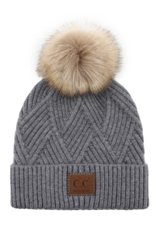 CC Criss Cross Suede Patch Beanie w/Pom