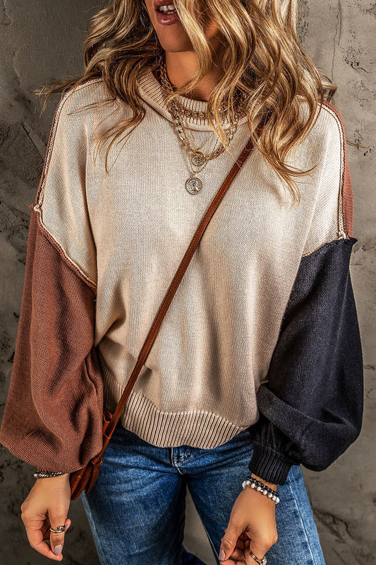 Patchwork Colorblock Puff Sleeve Sweater - Coffee